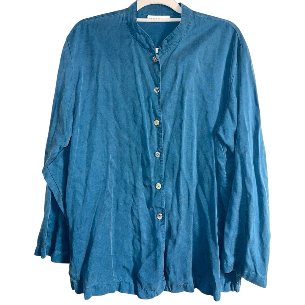 Bryn Walker 100% Tencel Blue Mandarin Collar Button Down Blouse Lagenlook Medium